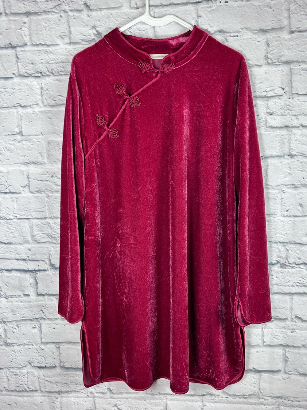 Soft Surroundings XL Velvet Tunic Top Red Mandarin Collar Side Slits